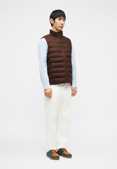 Άνδρας στέκεται φορώντας καφέ καπιτονέ γιλέκο, μπλε και άσπρο ριγέ πουκάμισο, λευκό παντελόνι και πολύχρωμα παπούτσια σε καφέ, πράσινο και μπλε χρώμα, σε λευκό φόντο.