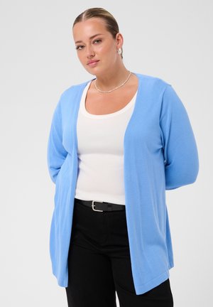 Femme aux cheveux tirés en arrière portant un cardigan bleu clair sur un top blanc et un pantalon noir, debout les mains derrière le dos.
