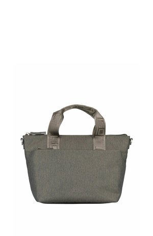 Pequeño bolso de tela gris con asas cortas, bolsillo delantero con cremallera y logo sutil de la marca en el centro delantero.