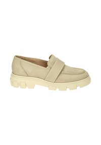 Beige suede loafer with a wide strap, rounded toe, and chunky beige rubber sole featuring textured detailing along the edges.