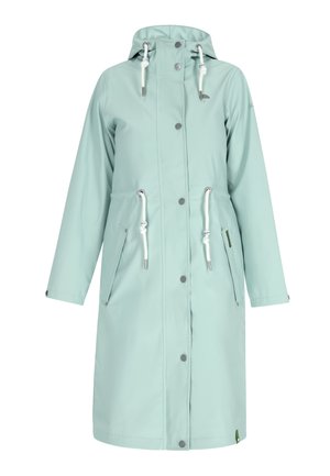 Helles mintgrünes Regenjacke mit Kapuze, Druckknöpfen und Kordelzug in der Taille. Verfügt über zwei Fronttaschen und verstellbare Bündchen. Glatte Textur.