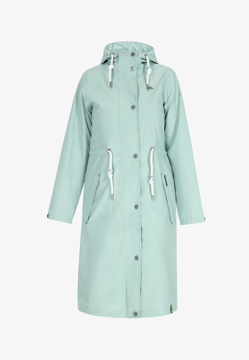 Világos mentazöld esőkabát kapucnival, patent gombokkal és húzózsinóros derékkal. Két elülső zsebe és állítható mandzsettája van. Sima textúra.