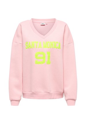 Lyserød V-hals sweatshirt med lange ærmer, der har hævet neon-gul tekst "SANTA MONICA" og nummeret "91" foran.