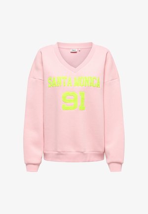 Lyserød V-hals sweatshirt med lange ærmer, der har hævet neon-gul tekst "SANTA MONICA" og nummeret "91" foran.