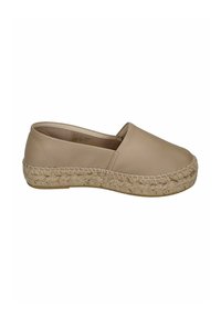 Beige leather slip-on shoe with a rounded toe and woven jute sole, featuring a smooth texture and simple, clean design.