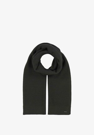 Écharpe en maille tricotée vert foncé avec un tissage texturé. Dispose d'extrémités effilées et d'une petite étiquette logo sur le bord inférieur.