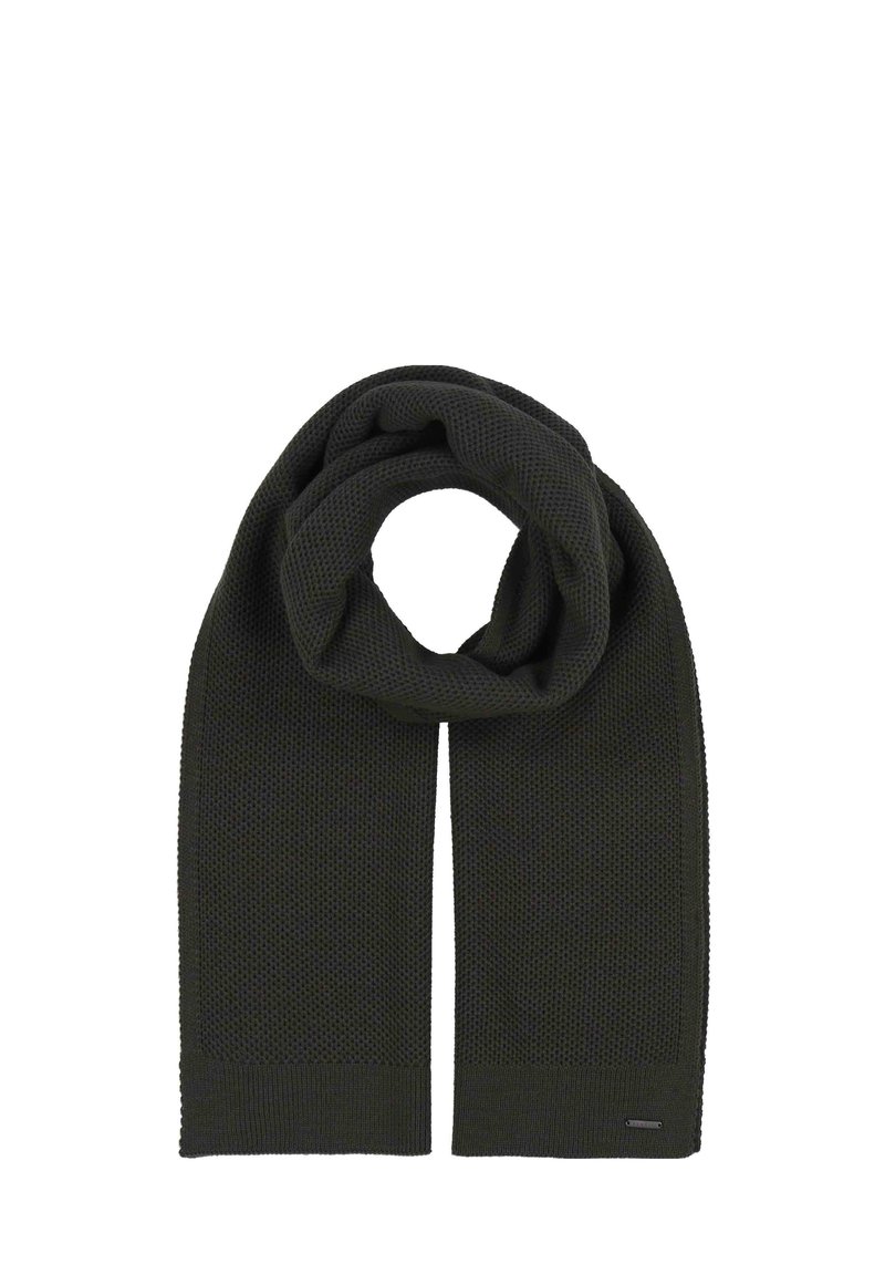 Écharpe en maille tricotée vert foncé avec un tissage texturé. Dispose d'extrémités effilées et d'une petite étiquette logo sur le bord inférieur.