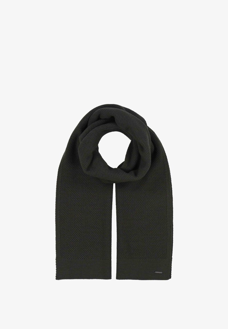 Écharpe en maille tricotée vert foncé avec un tissage texturé. Dispose d'extrémités effilées et d'une petite étiquette logo sur le bord inférieur.