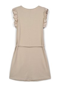 Abito beige con maniche corte arricciate, in tessuto morbido, giro vita arricciato e gonna liscia fino al ginocchio. Design semplice con scollatura rotonda.