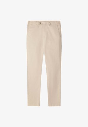 Lichtbeige chino's gemaakt van een katoenmengsel. Voorzien van een standaard knoop- en ritssluiting, met rechte pijpen en zijzakken.