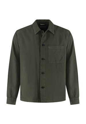 Langærmet skjorte i olivengrøn med knapper, krave og en enkelt brystlomme på venstre side.