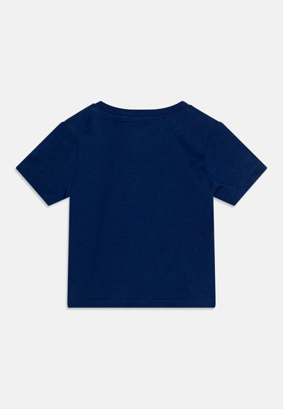 Navy blue cotton T-shirt with short sleeves and a crew neckline. Smooth texture and standard fit, featuring simple stitching details.