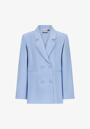 Blazer doppiopetto azzurro chiaro con una texture liscia, rever a alette e due tasche sul davanti. Caratterizzato da bottoni coordinati e maniche a tre quarti.