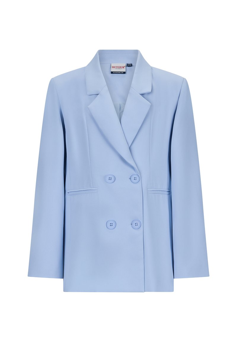 Blazer doppiopetto azzurro chiaro con una texture liscia, rever a alette e due tasche sul davanti. Caratterizzato da bottoni coordinati e maniche a tre quarti.