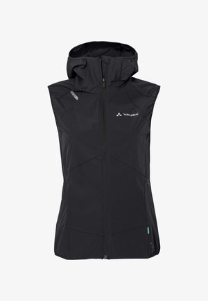 Gilet nero senza maniche con cappuccio, zip frontale, dettagli riflettenti, tessuto testurizzato e logo VAUDE sul petto.