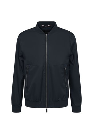 Bomber jacket navy in tessuto liscio, con zip frontale, due tasche laterali, polsini a coste e colletto rialzato.