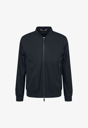 Bomber jacket navy in tessuto liscio, con zip frontale, due tasche laterali, polsini a coste e colletto rialzato.