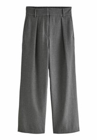 Graue weite Hosen mit strukturiertem Stoff, mit einem gefalteten Frontbereich, zwei seitlichen Taschen und einem flachen Bund.