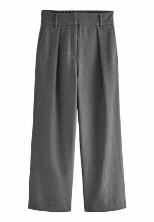 Graue weite Hosen mit strukturiertem Stoff, mit einem gefalteten Frontbereich, zwei seitlichen Taschen und einem flachen Bund.