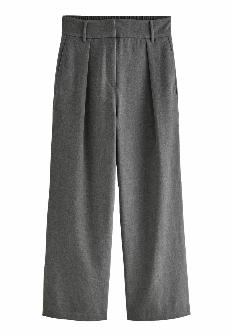 Graue weite Hosen mit strukturiertem Stoff, mit einem gefalteten Frontbereich, zwei seitlichen Taschen und einem flachen Bund.