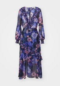 Lange mouwen, bloemenprint jurk in paarse en blauwe tinten, met een ruches halslijn en asymmetrische zoom. Gemaakt van lichtgewicht stof.