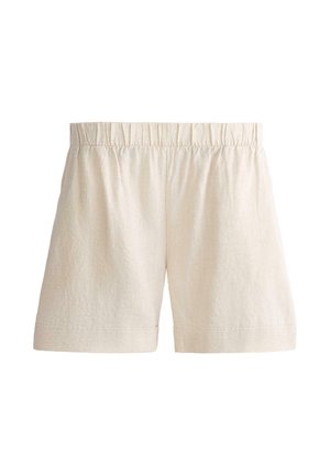 Beżowe lniane szorty z elastycznym pasem i prostymi brzegami, zaprojektowane do codziennego noszenia.