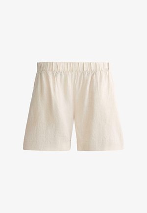 Shorts en lin beige avec taille élastique et ourlets droits, conçus pour un usage décontracté.