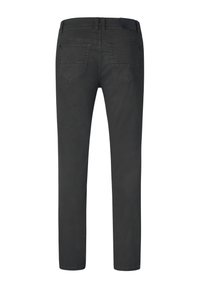 Dunkelgraue Slim-Fit-Hose aus Denim mit glatter Textur. Verfügt über zwei Gesäßtaschen mit dekorativer Naht und einem normalen Bund.