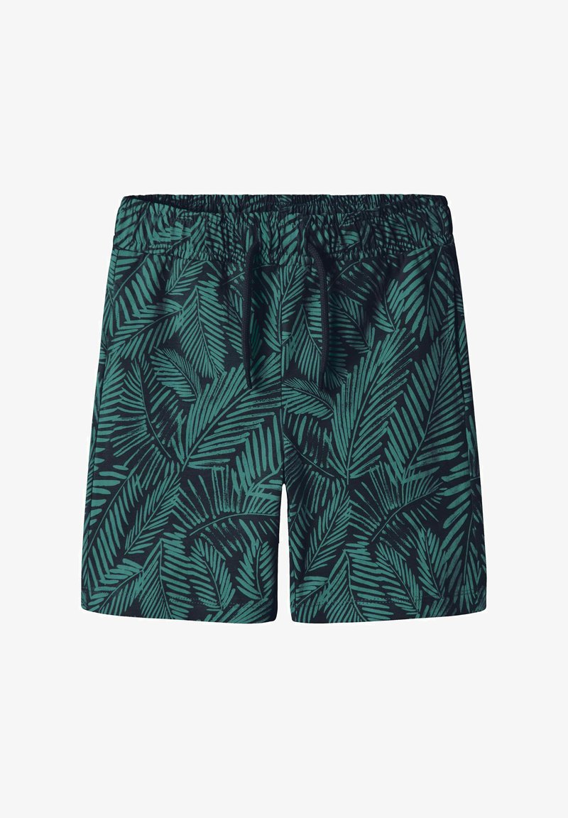 Green tropical print swim shorts with black background, elastic waistband, and adjustable drawstring. Lightweight fabric with leaf pattern.