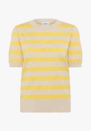 Keltainen ja kerma-valkoinen raidallinen lyhythihainen neulepaita, jossa on pyöreä kaula-aukko, ribatut helmat ja hieman puffatut hihat. Valmistettu pehmeästä neuloksesta.