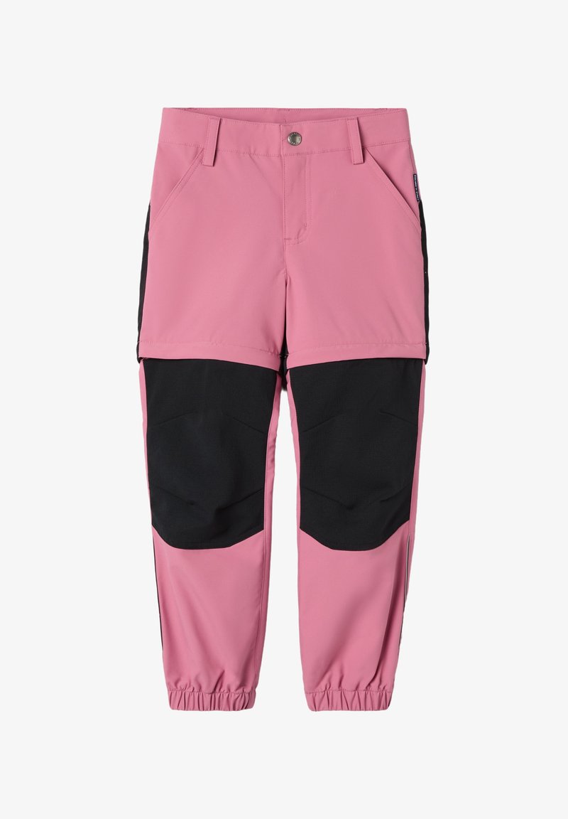 Pink pants with black knee patches, featuring a smooth texture and elastic cuffs. Designed with side pockets and a button closure.