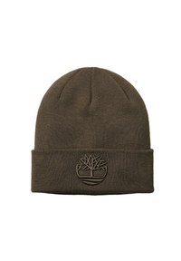Beanie a maglia verde oliva realizzato in tessuto ribbed con un patch in rilievo a forma di albero sul davanti.