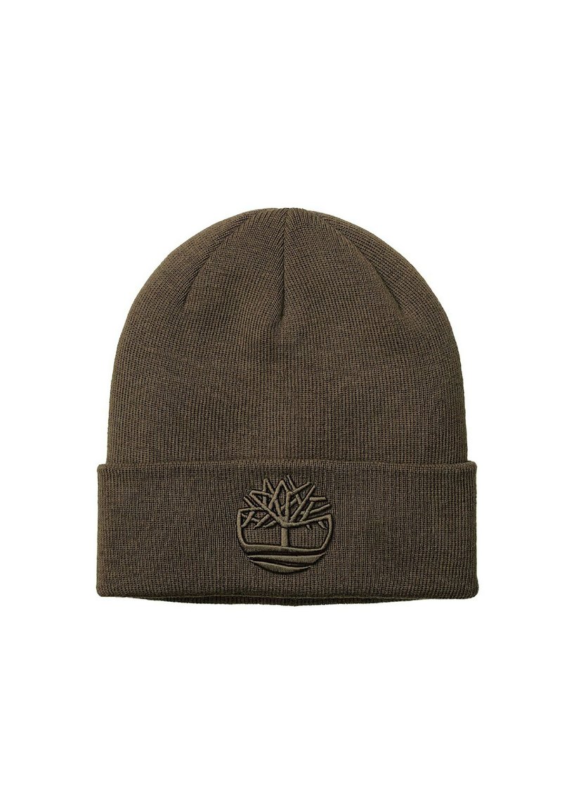 Beanie a maglia verde oliva realizzato in tessuto ribbed con un patch in rilievo a forma di albero sul davanti.