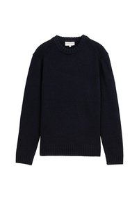 Pull en maille bleu marine avec un col rond, des poignets et un ourlet côtelés, présentant un design texturé au niveau des épaules et une finition en tissu doux.