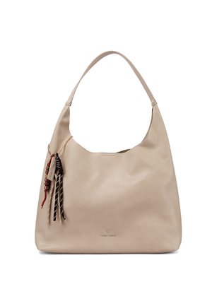 Borsa hobo in pelle beige con una singola tracolla, nappine decorative in rosso, nero e beige, e un piccolo logo del marchio vicino alla base.