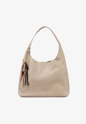 Borsa hobo in pelle beige con una singola tracolla, nappine decorative in rosso, nero e beige, e un piccolo logo del marchio vicino alla base.
