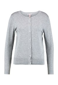 Ljust grå stickad kvinnokardigan med rund halsringning, långa ärmar, liten prickig struktur och en rad framknappar.