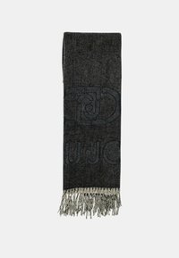 Tmavě šedý šátek s texturovaným pletením, který má nenápadný vzor loga a třásně na koncích. Měkký materiál, obdélníkový tvar.