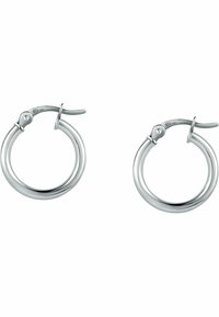 Orecchini a cerchio in argento sterling con un design a doppio anello, caratterizzati da una finitura lucida e una chiusura a gancio sicura.