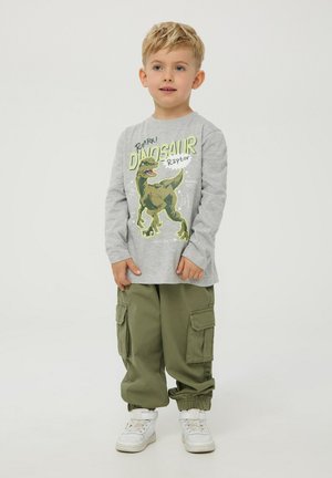 Maglietta grigia a maniche lunghe con grafica di un dinosauro, abbinata a pantaloni cargo verde oliva. Scarpe da ginnastica bianche completano l'outfit.