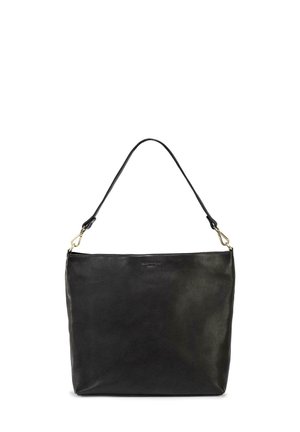 Black leather tote bag with a smooth texture, single shoulder strap, and gold hardware accents. Features a spacious, rectangular shape.