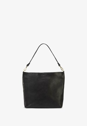 Black leather tote bag with a smooth texture, single shoulder strap, and gold hardware accents. Features a spacious, rectangular shape.