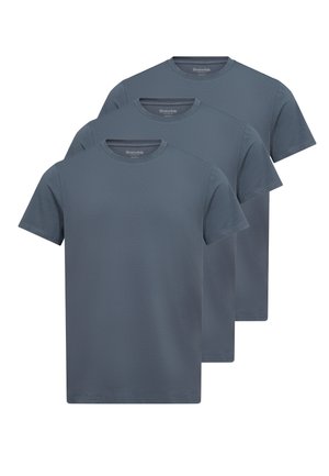 Three short-sleeve t-shirts in dark blue cotton, featuring a round neckline and straight hem, with no visible patterns or accents.