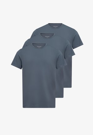 Tre kortærmede t-shirts i mørkeblå bomuld, med rund halsudskæring og lige kant, uden synlige mønstre eller dekorative detaljer.