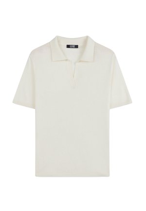 Weißes kurzärmeliges Poloshirt aus weichem Stoff, mit einem gerippten Kragen und einer halben Knopfleiste zum Schließen. Minimalistisches Design.