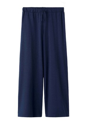 Pantalon bleu marine à jambes larges avec taille élastique et cordon, tissu doux, coupe ample.