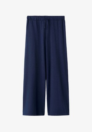 Navyblauwe broek met wijde pijpen, elastische tailleband en trekkoord, zachte stof, losse pasvorm.