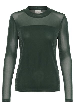Haut à manches longues vert foncé en tissu transparent et texturé avec une finition scintillante. Il présente un col rond et une coupe ajustée.