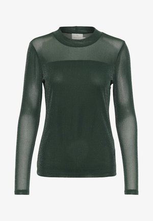 Mörkgrön långärmad topp gjord av genomskinligt, texturerat tyg med en glittrande finish. Har en rundad halsringning och figurnära design.