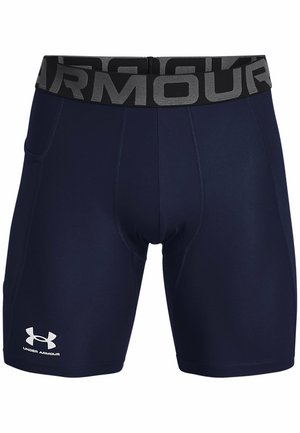 Navy blue athletic shorts with a thick black waistband featuring "ARMOUR" in grey. Made of stretchy material, smooth texture, and fitted design.